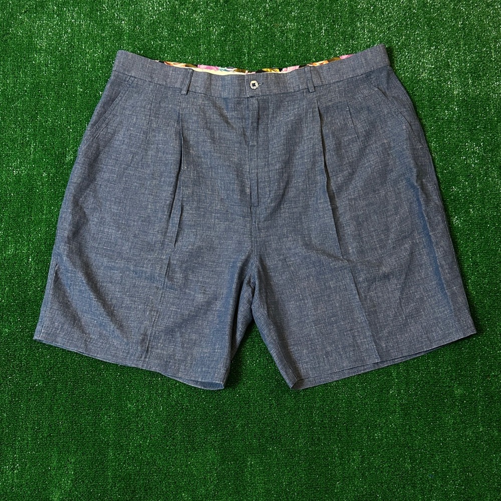 Pusser's West Indies Shorts Mens 42 Blue Silk Linen Pleated Tropical Island